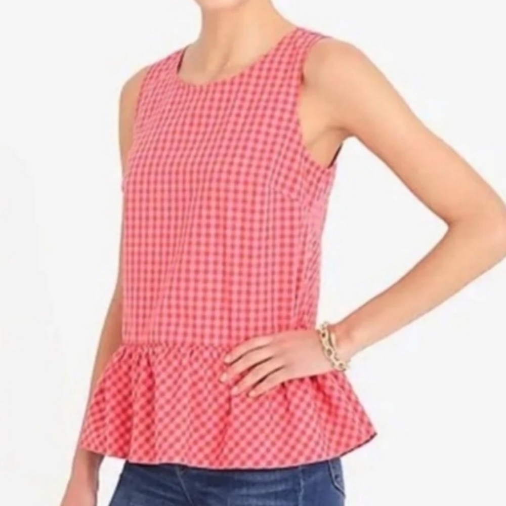 J.Crew Gingham Double Back Tie Peplum Tank Blouse